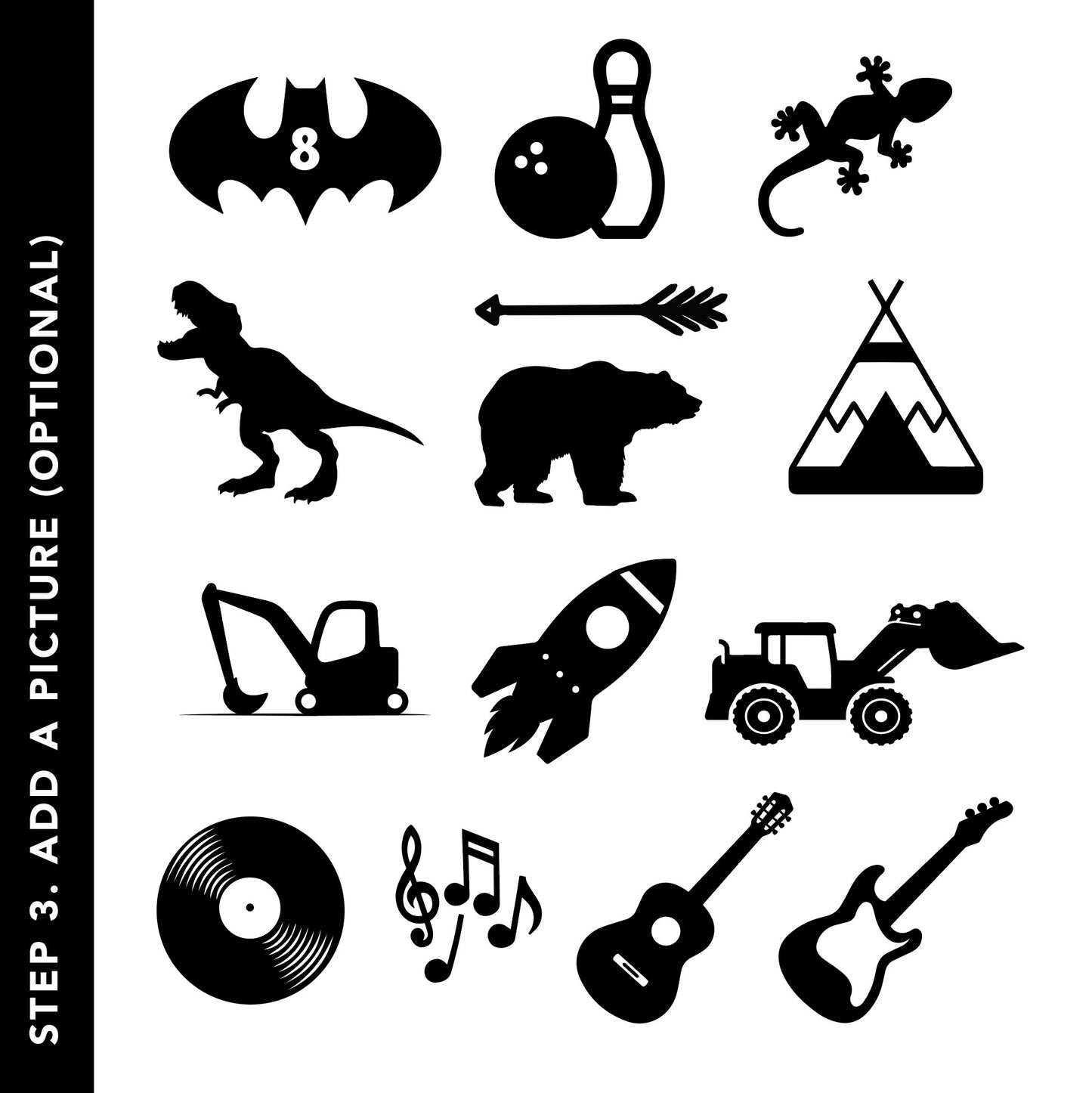 Collection of black silhouette icons on a white background suitable for Custom child's birthday Cake topper designs