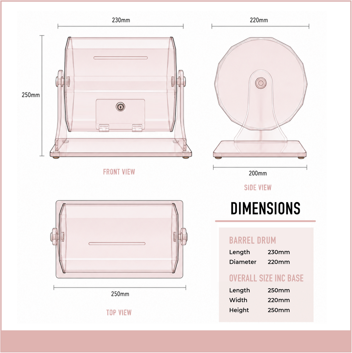 Dimension diagram of the clear acrylic raffle drum showing front, side and top views with overall measurements and barrel size specifications.