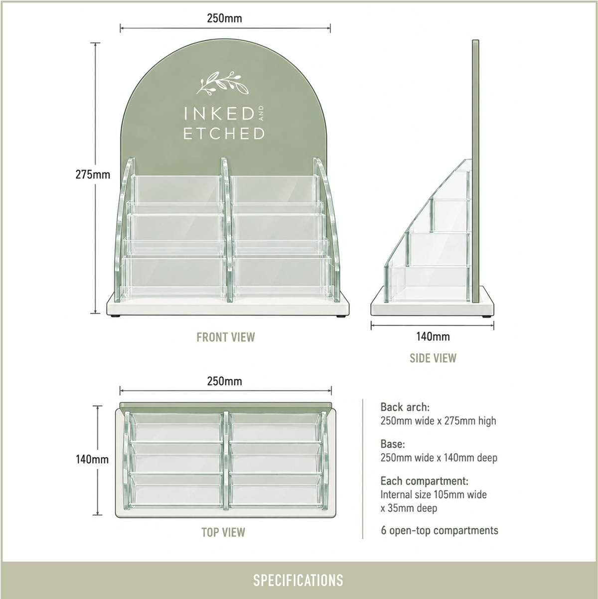 Dimensions of personalised acrylic business card and brochure display stand with six compartments and branded arch.