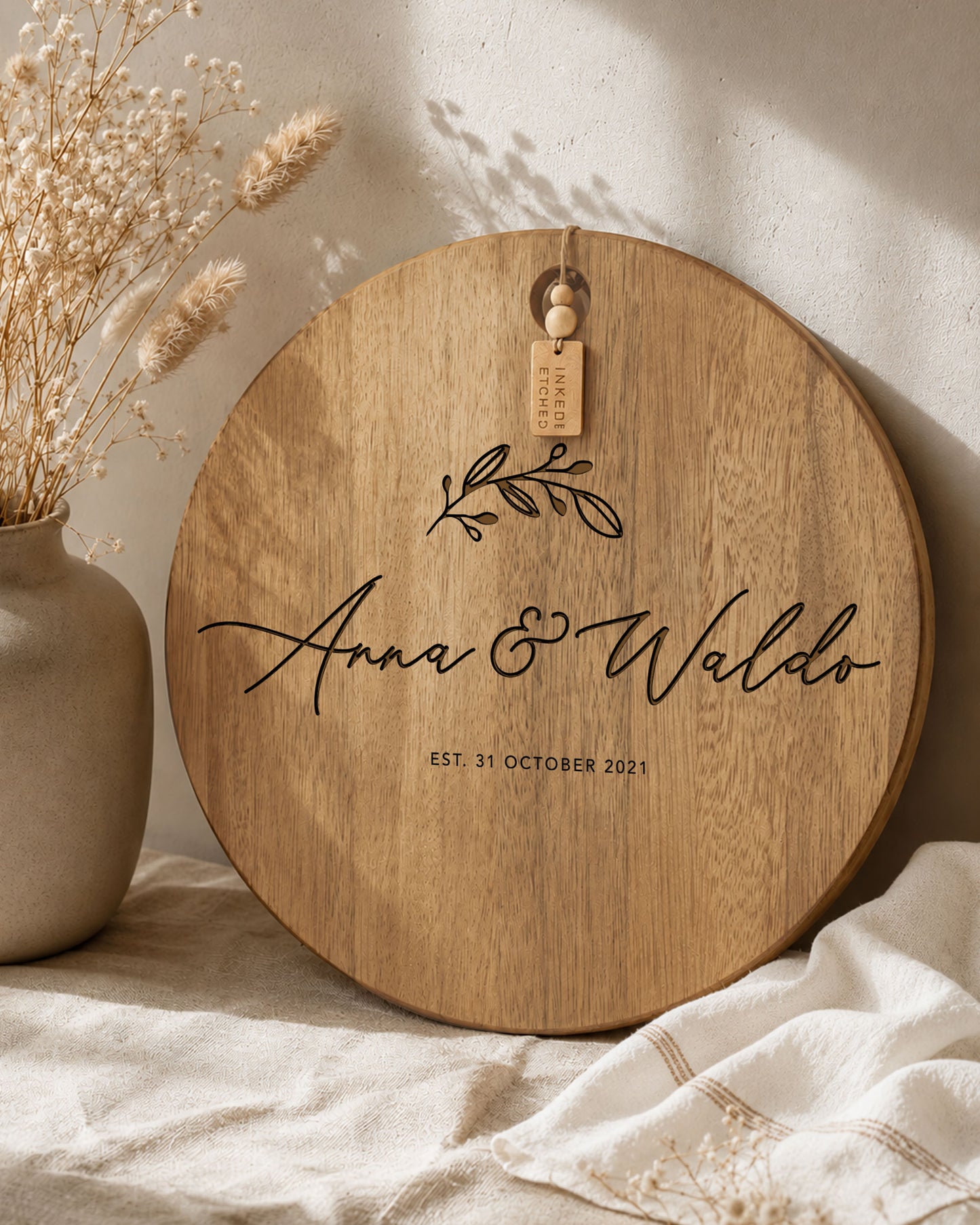 Personalised Wedding Cheeseboard - Botanical Design Round Engraved Serving Board | 40cm