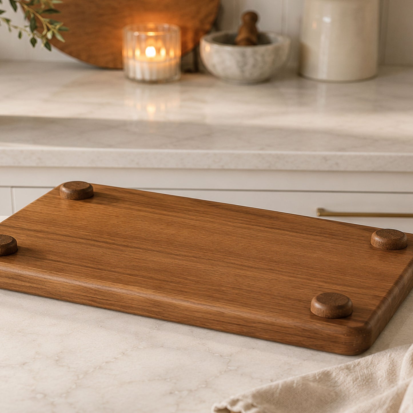 Underside of personalised timber serving board showing four raised timber feet and premium craftsmanship.