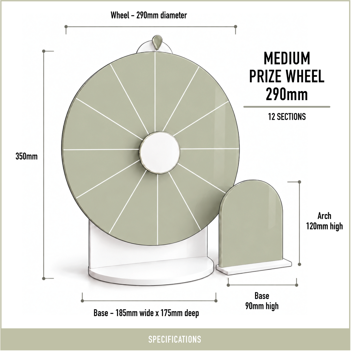 Size diagram of the medium printed Spin The Wheel with a 290 mm wheel, 12 sections, white stand and matching mini sign.