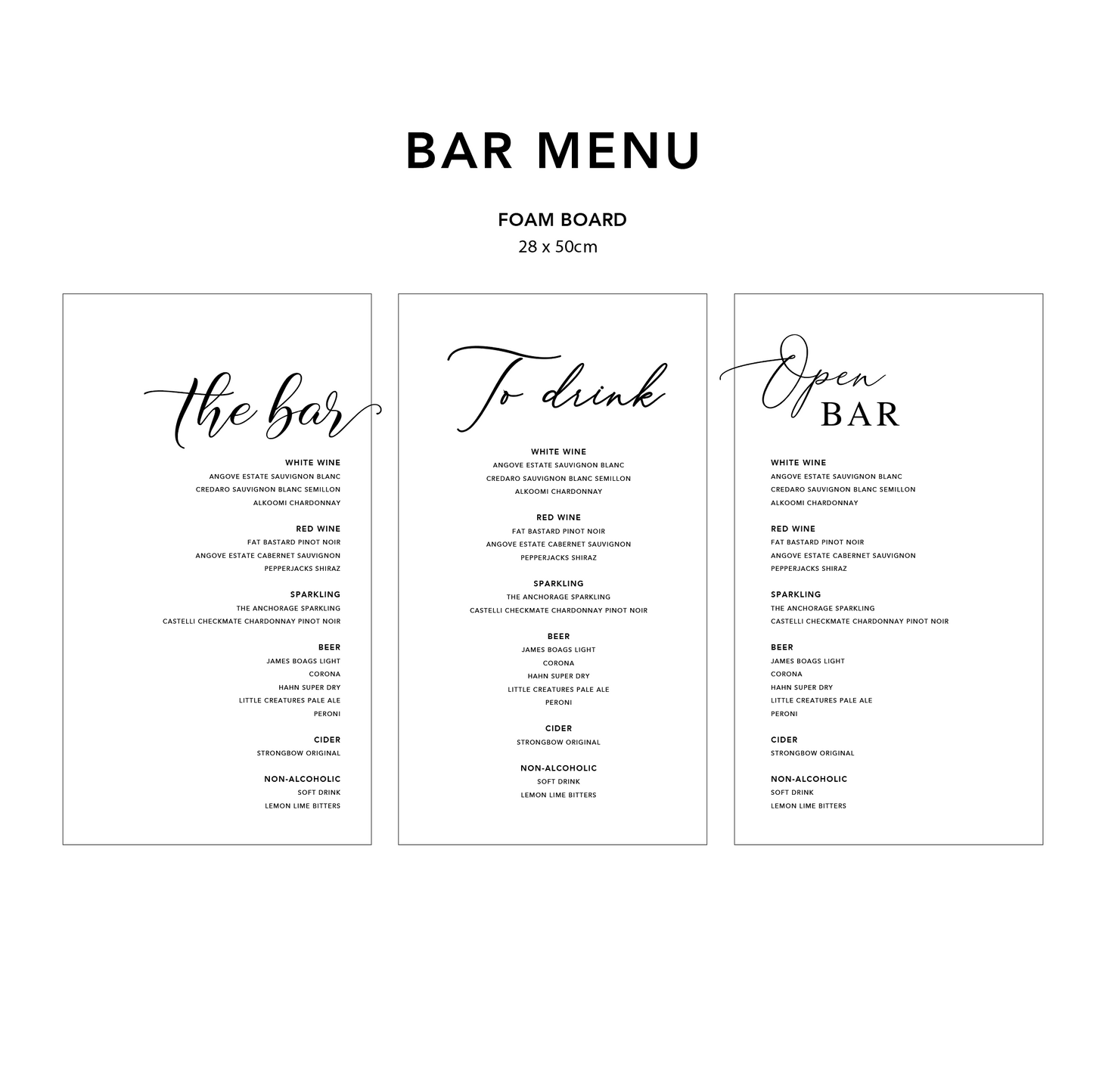 Bar Menu Foam Board