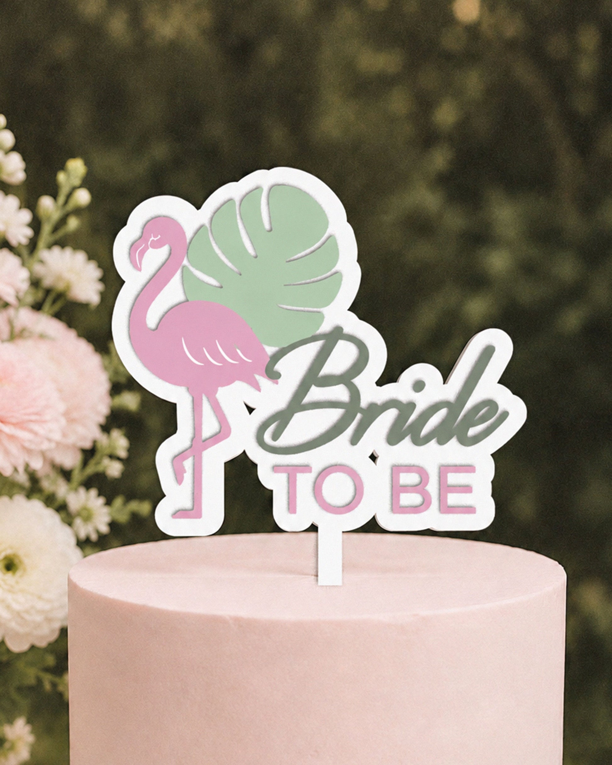Bride To Be Pink Flamingo and green monstera leaf on white cake topper for hen's do. 