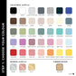Color swatch chart for colored acrylic, mirror acrylic, and timber/wood finishes.