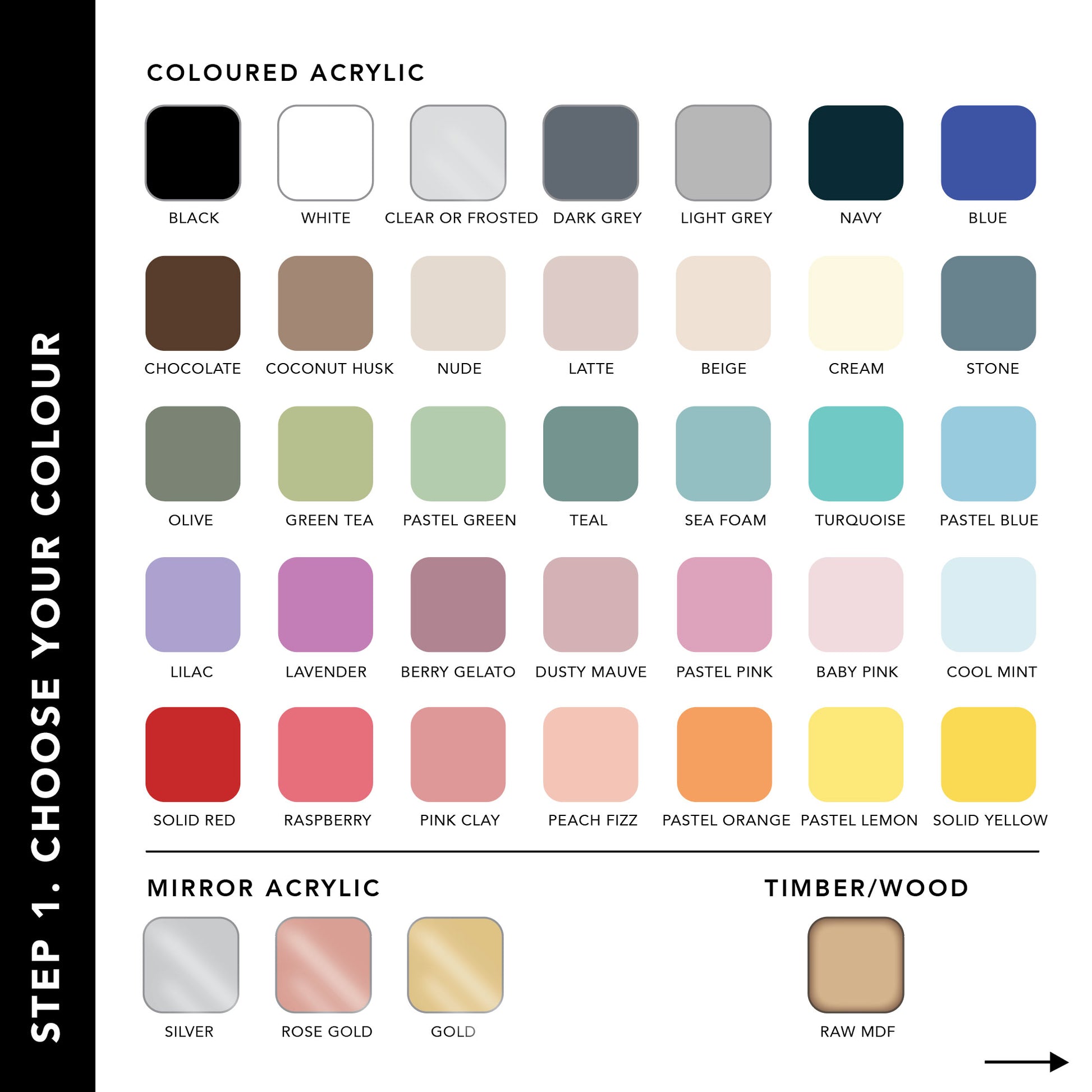 Color swatch chart for colored acrylic, mirror acrylic, and timber/wood finishes.