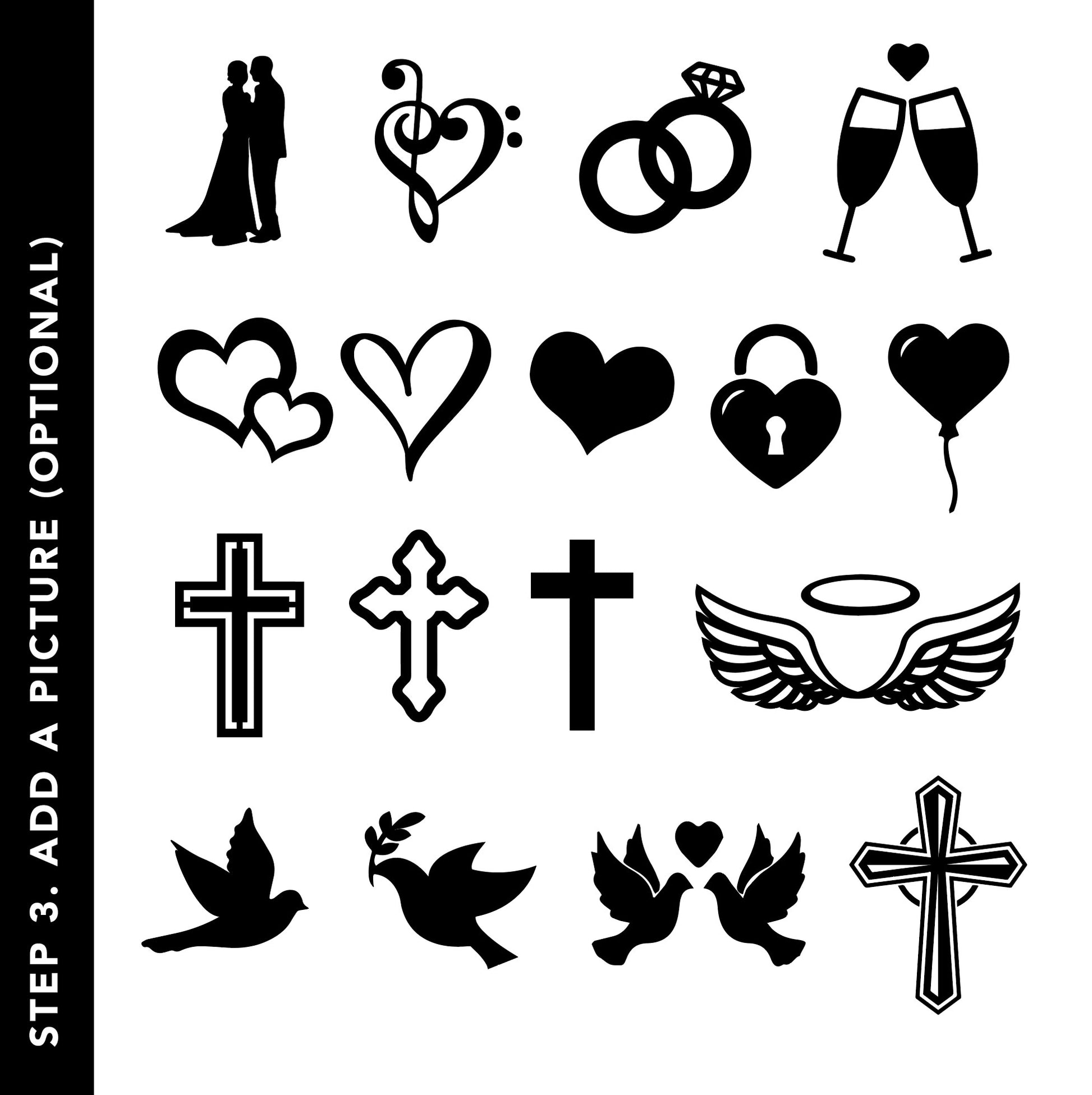 Collection of black silhouette icons on a white background suitable for Custom Wedding Cake topper designs