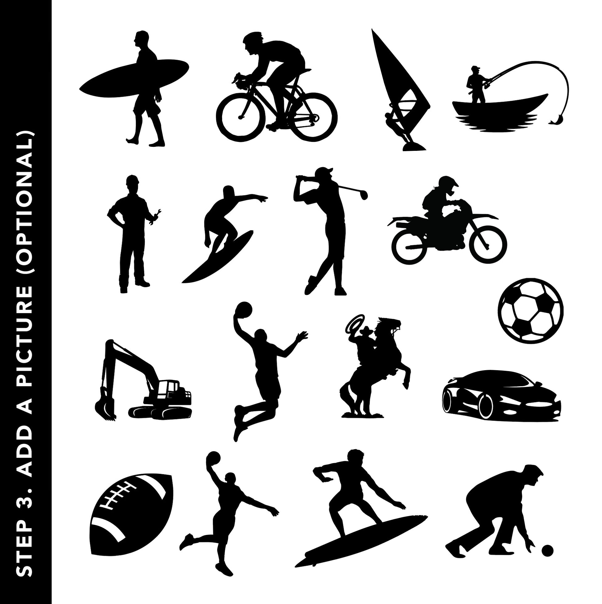 Collection of black silhouette icons on a white background suitable for Custom Boys birthday Cake topper designs