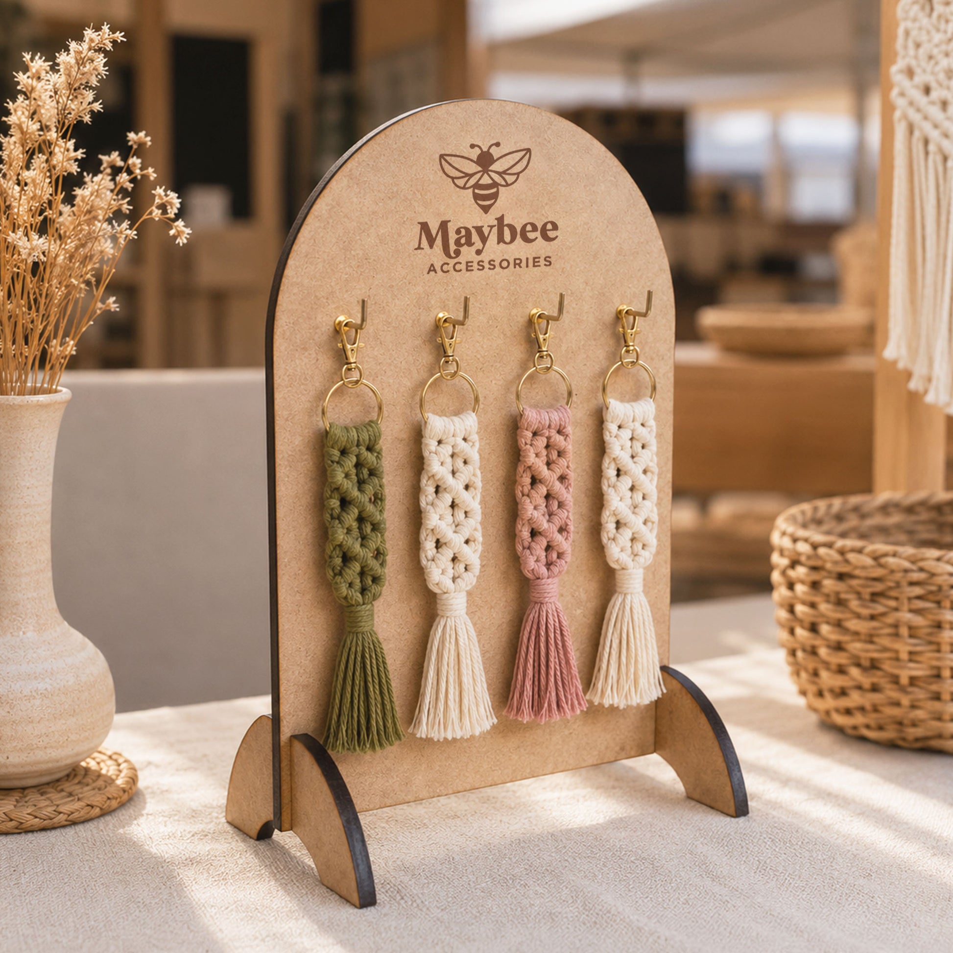 Personalised wooden keyring display stand with custom engraved logo displaying four macramé keyrings at a market stall.