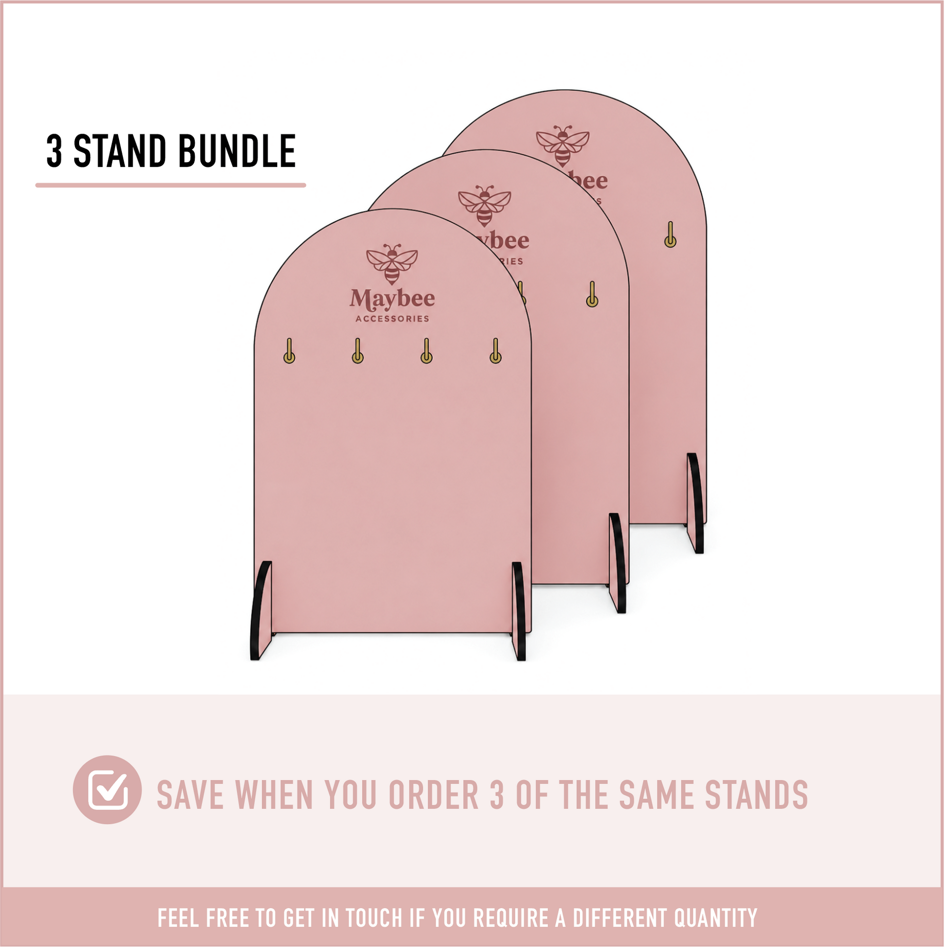 Bundle of three personalised wooden keyring display stands with custom logo engraving and brass hooks for market stalls and retail displays.