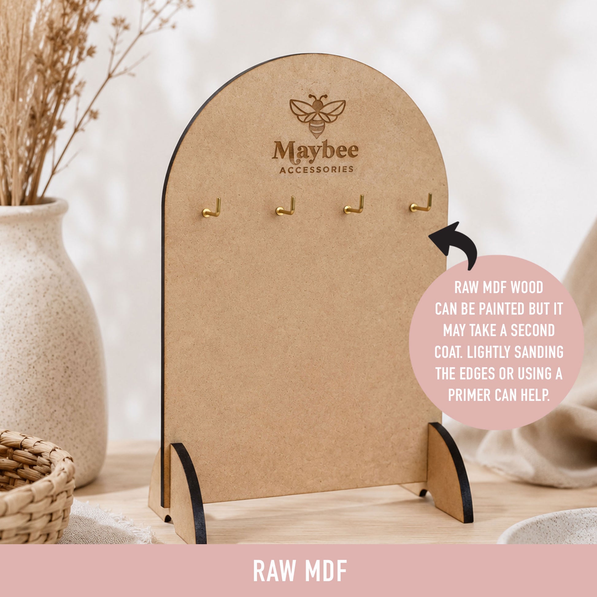 Raw MDF wooden keyring display stand with custom engraved logo and four brass hooks, suitable for painting or custom finishes.