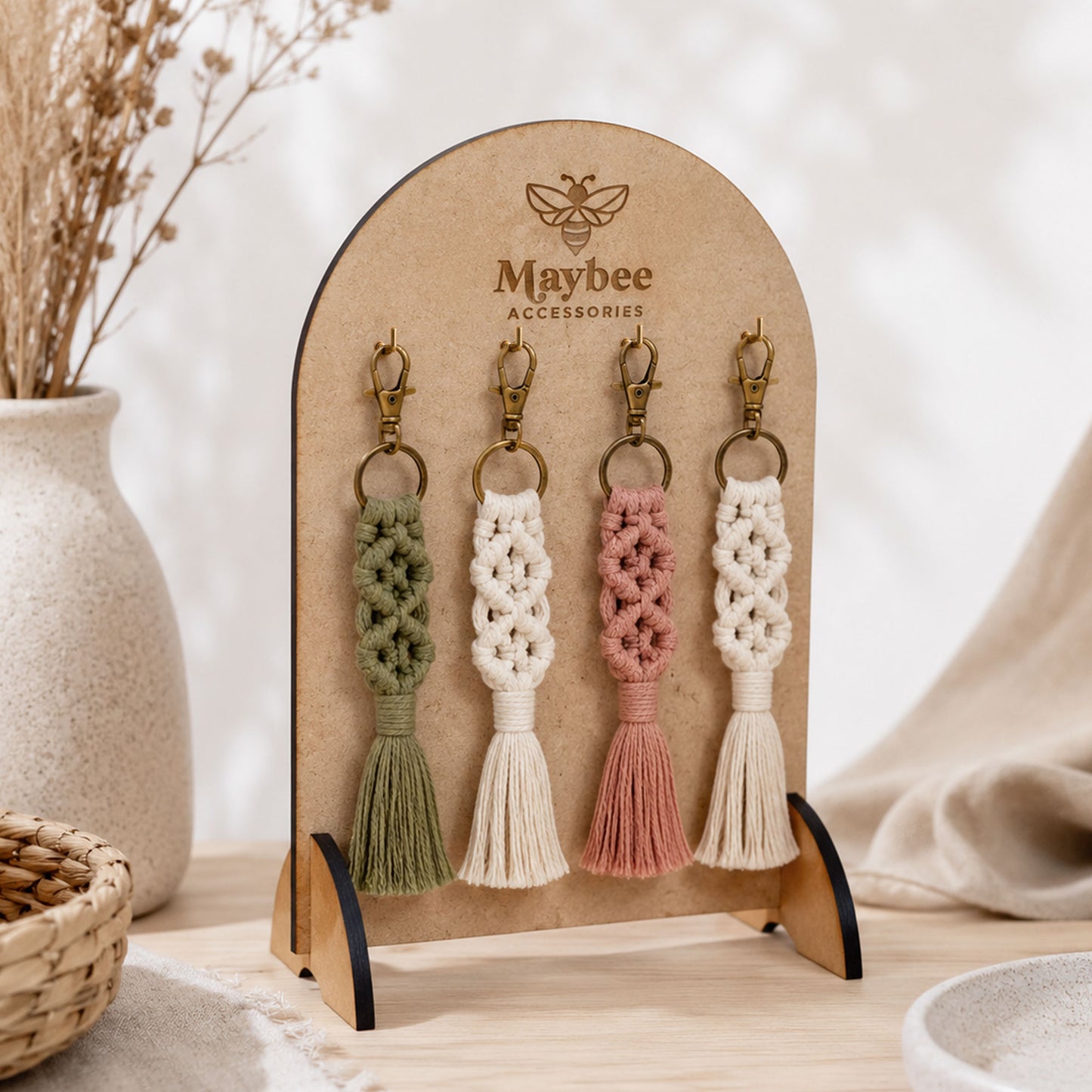 Personalised wooden keyring display stand with engraved logo and four macramé keyrings in a neutral styled product setting.