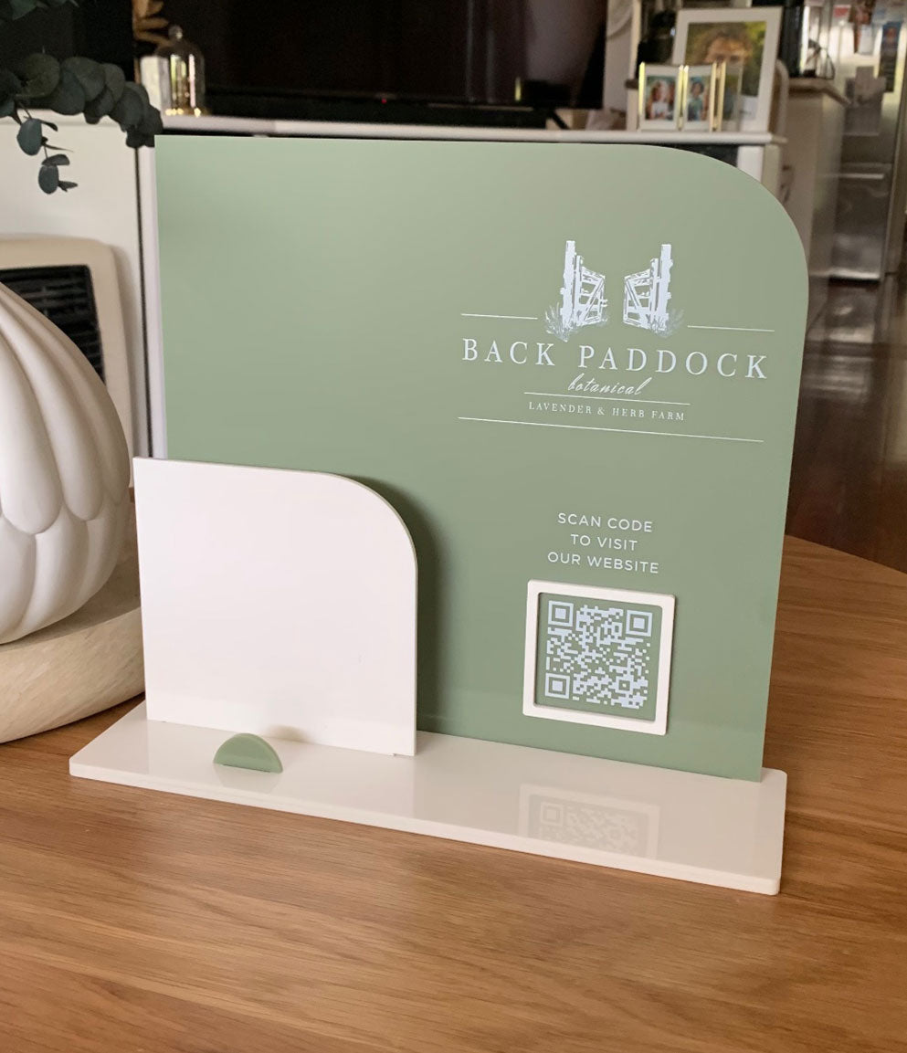 Brochure, Business Card Holder & QR Stand