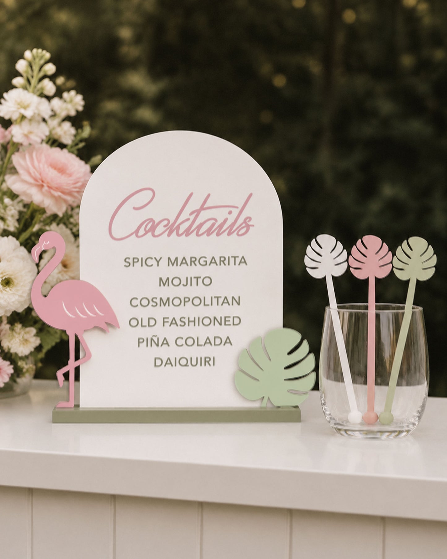 Tropical Green and Pink Flamingo Cocktail List & Swizzle Stick Set