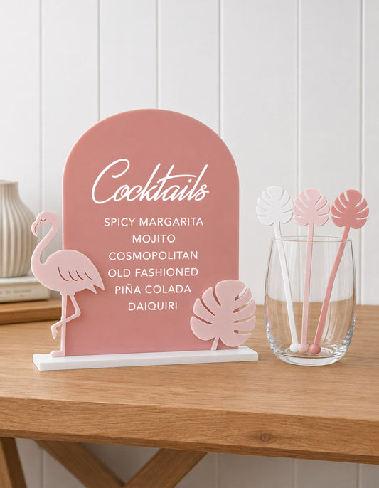 Tropical Flamingo Pink Bar Menu & Swizzle Stick Set