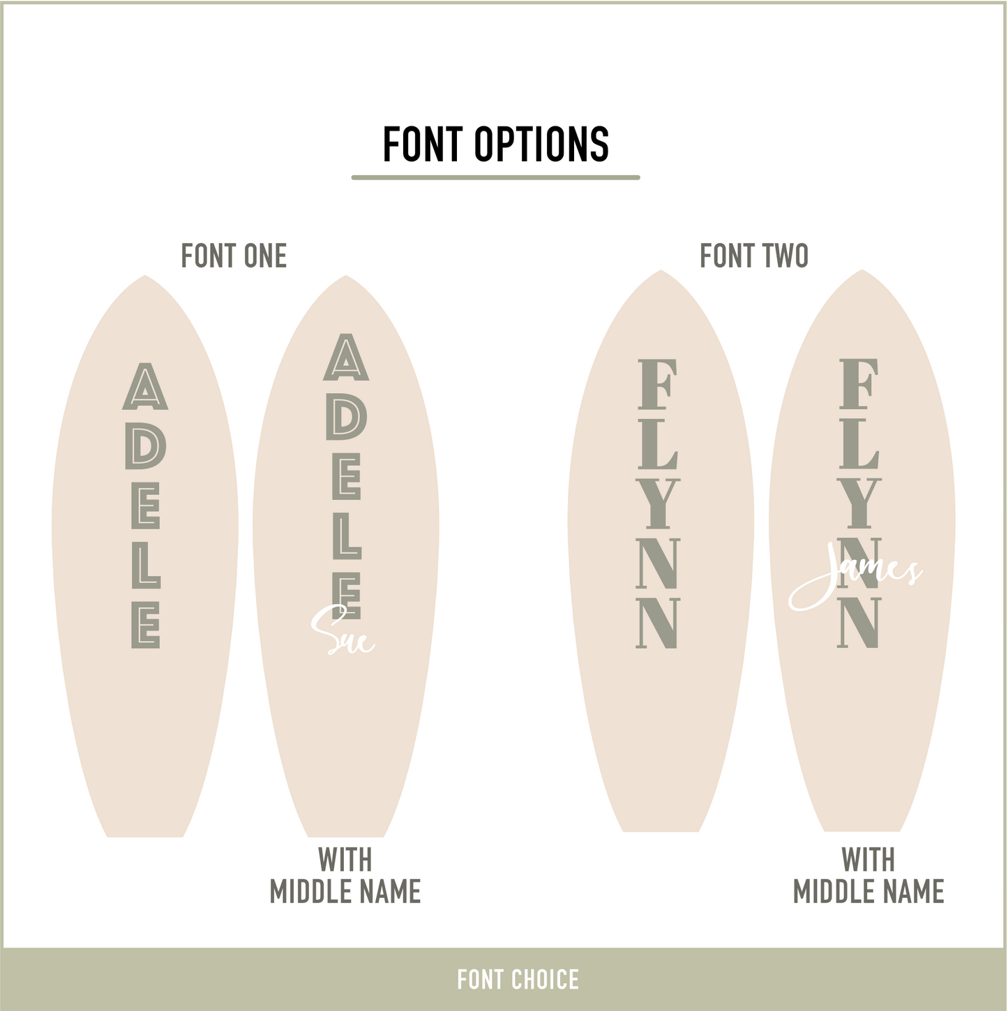 Font options available for personalised wooden surfboard wall decor featuring one or two names for beach themed bedrooms.