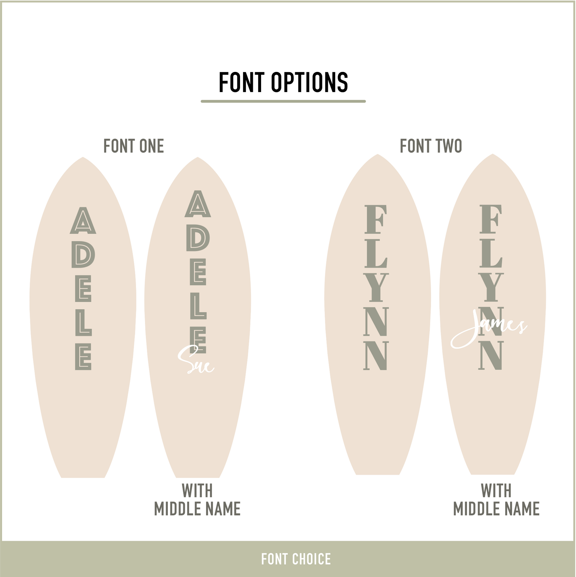 Font options available for personalised wooden surfboard wall decor featuring one or two names for beach themed bedrooms.