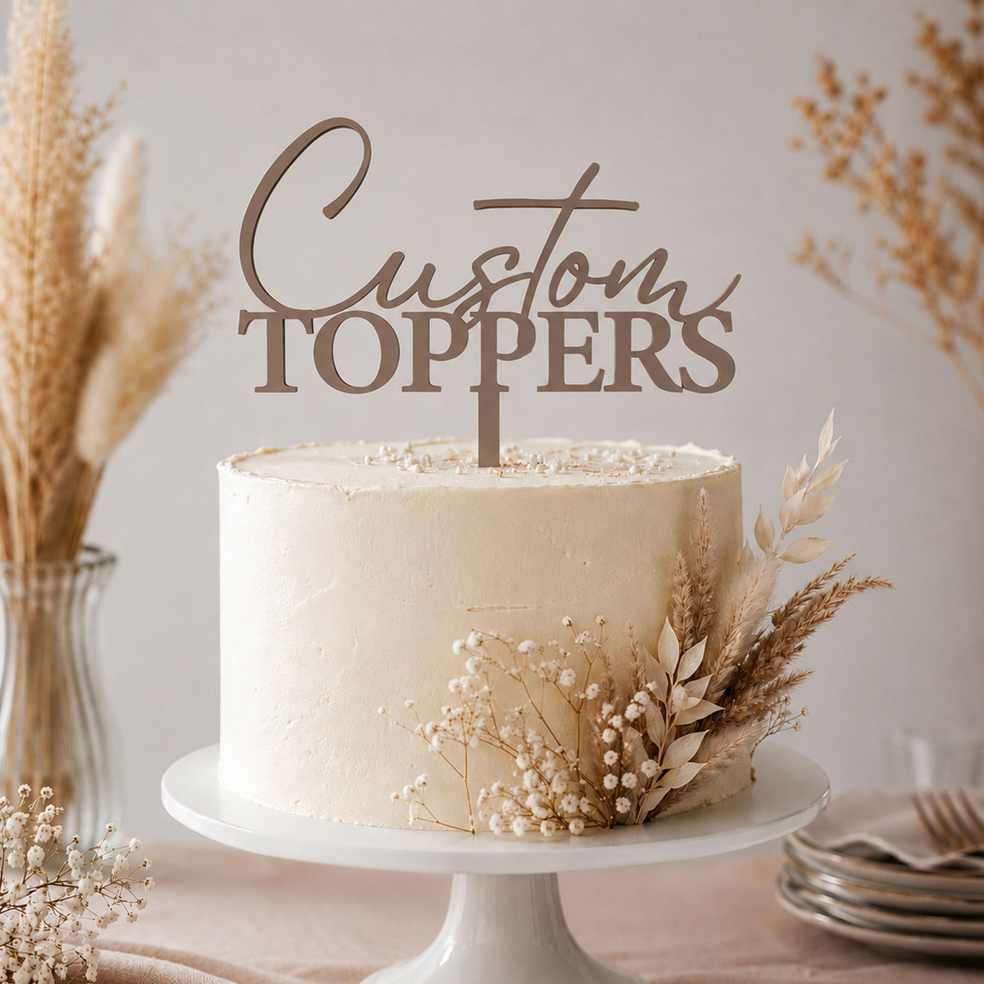 Personalised acrylic cake topper on elegant neutral cake, custom cake decoration for weddings, birthdays and events