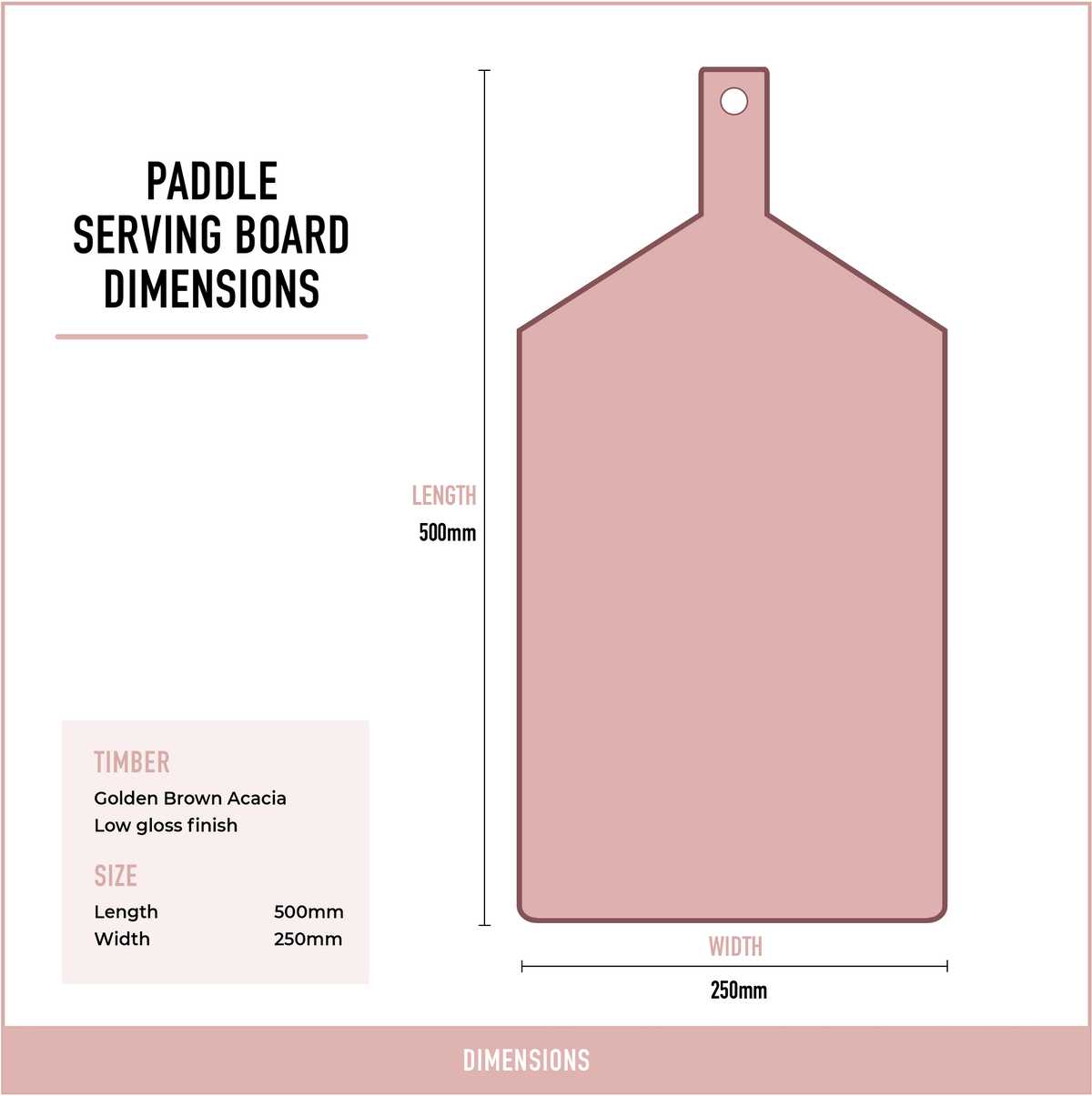 Golden brown acacia paddle serving board dimensions diagram showing a 500 mm length and 250 mm width.