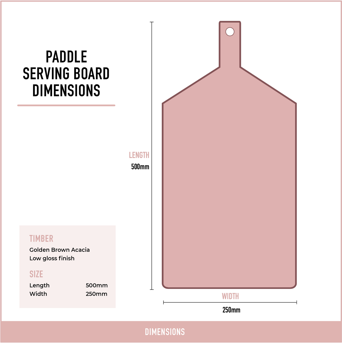Golden brown acacia paddle serving board dimensions diagram showing a 500 mm length and 250 mm width.