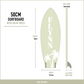 Dimensions of personalised wooden surfboard wall decor for beach theme bedrooms measuring 50cm high with name and decorative surfboard fins.