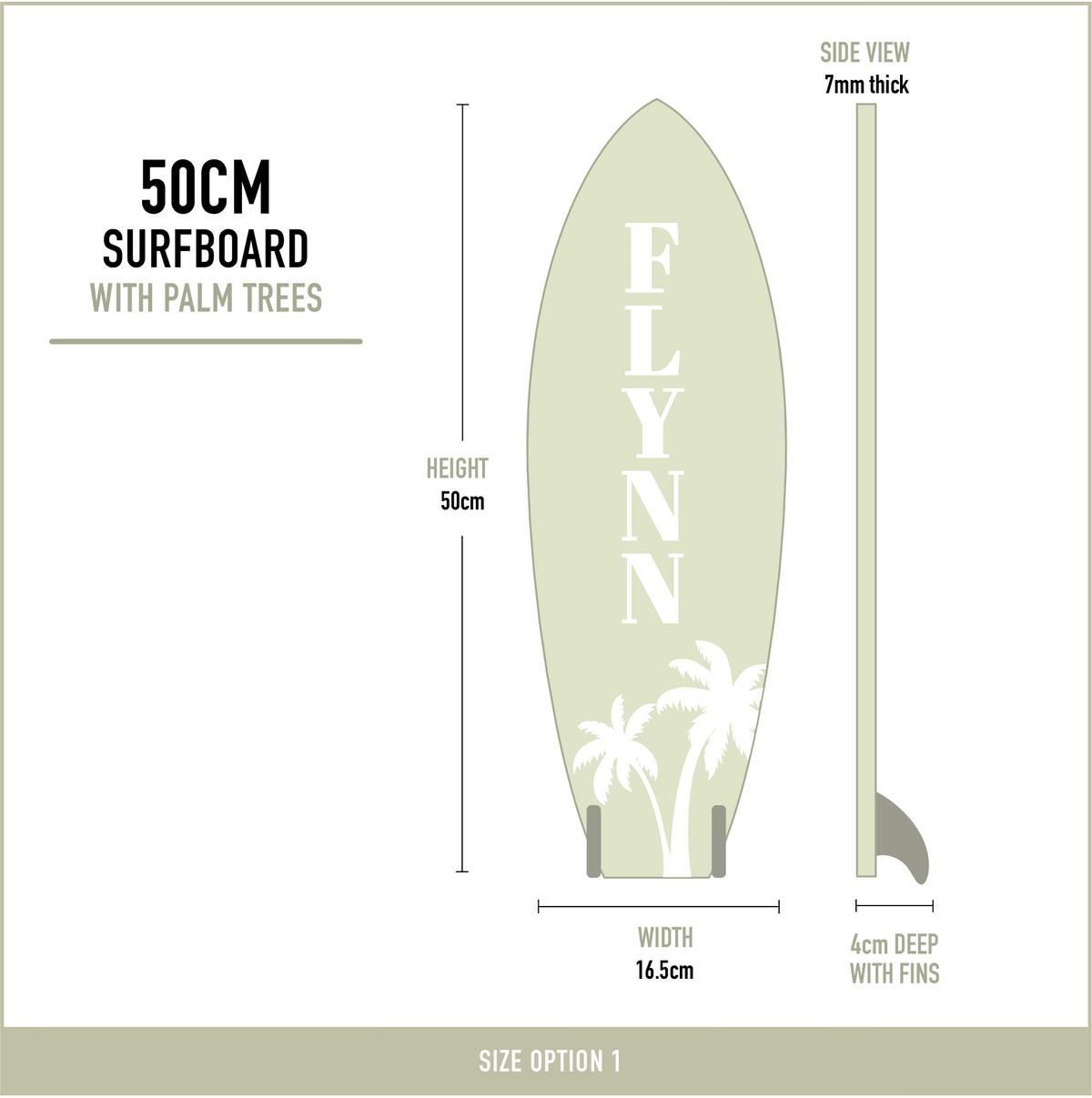 Dimensions of personalised wooden surfboard wall decor for beach theme bedrooms measuring 50cm high with name and decorative surfboard fins.