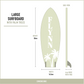 Dimensions of personalised wooden surfboard wall decor for beach theme bedrooms measuring 50cm high with decorative surfboard fins.