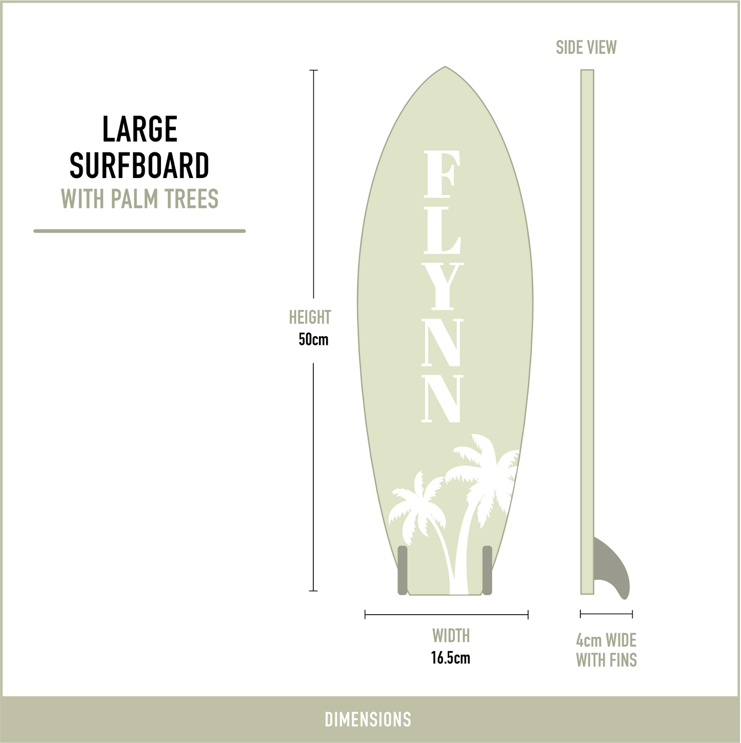 Dimensions of personalised wooden surfboard wall decor for beach theme bedrooms measuring 50cm high with decorative surfboard fins.