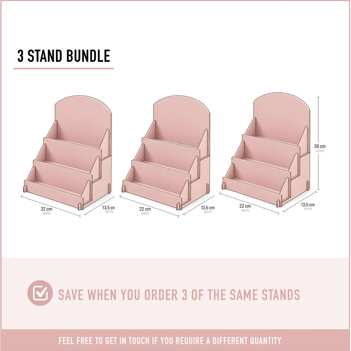 Three-pack bundle of tiered business card display stands for market stalls.