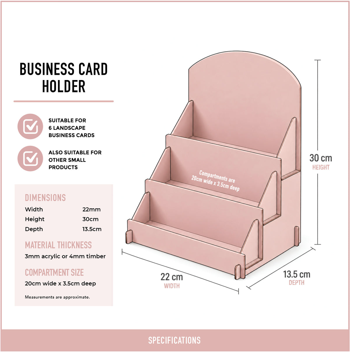 Business card display stand dimensions showing three full-width compartments