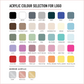 Acrylic colour chart showing available solid and mirror acrylic colours for custom logos on the clear acrylic raffle drum.