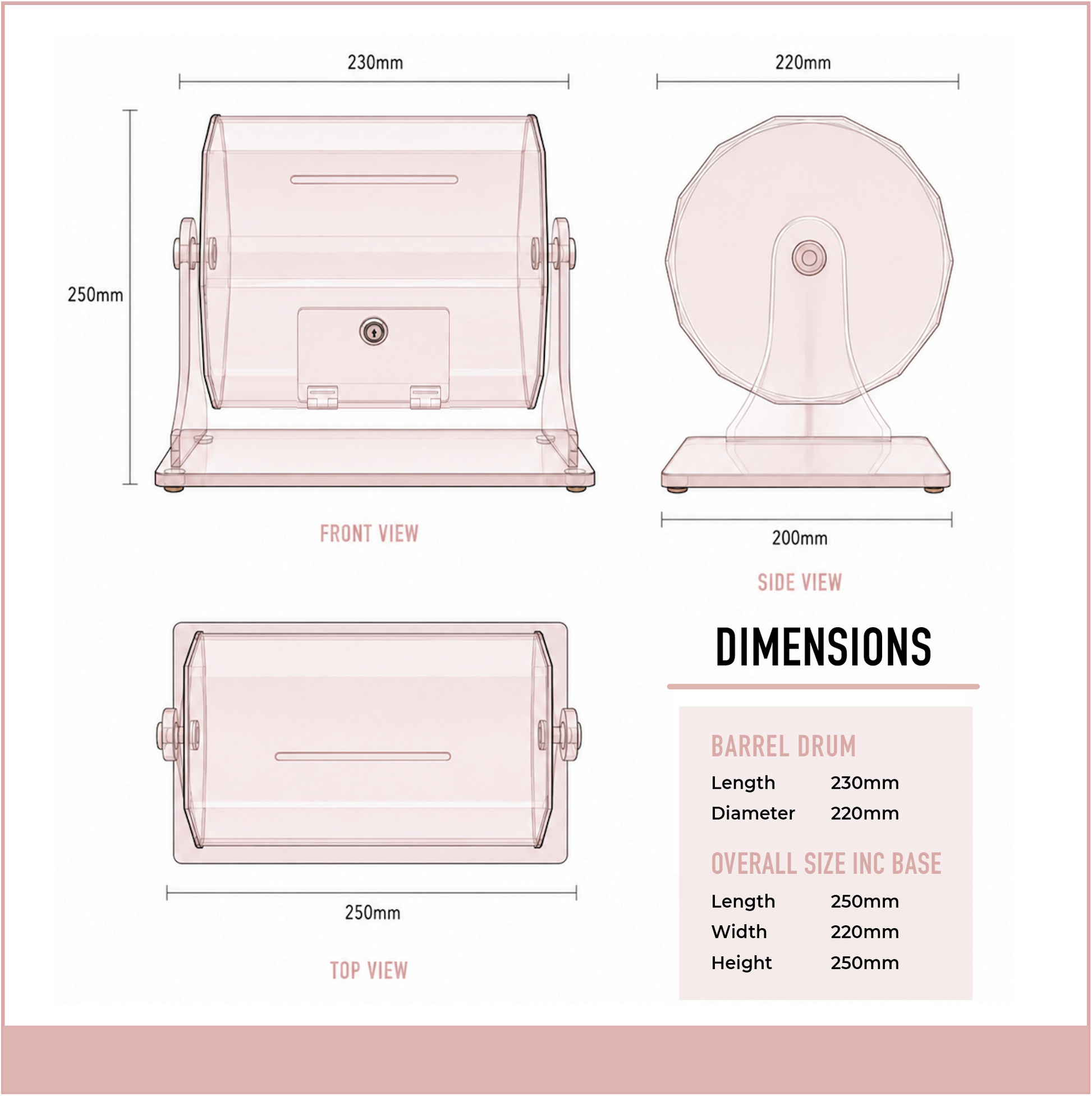 Dimension diagram of the clear acrylic raffle drum showing front, side and top views with overall measurements and barrel size specifications.