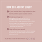 Instructions showing how to order a custom logo for a clear acrylic raffle drum, including logo file requirements, proof approval process and acrylic colour selection.