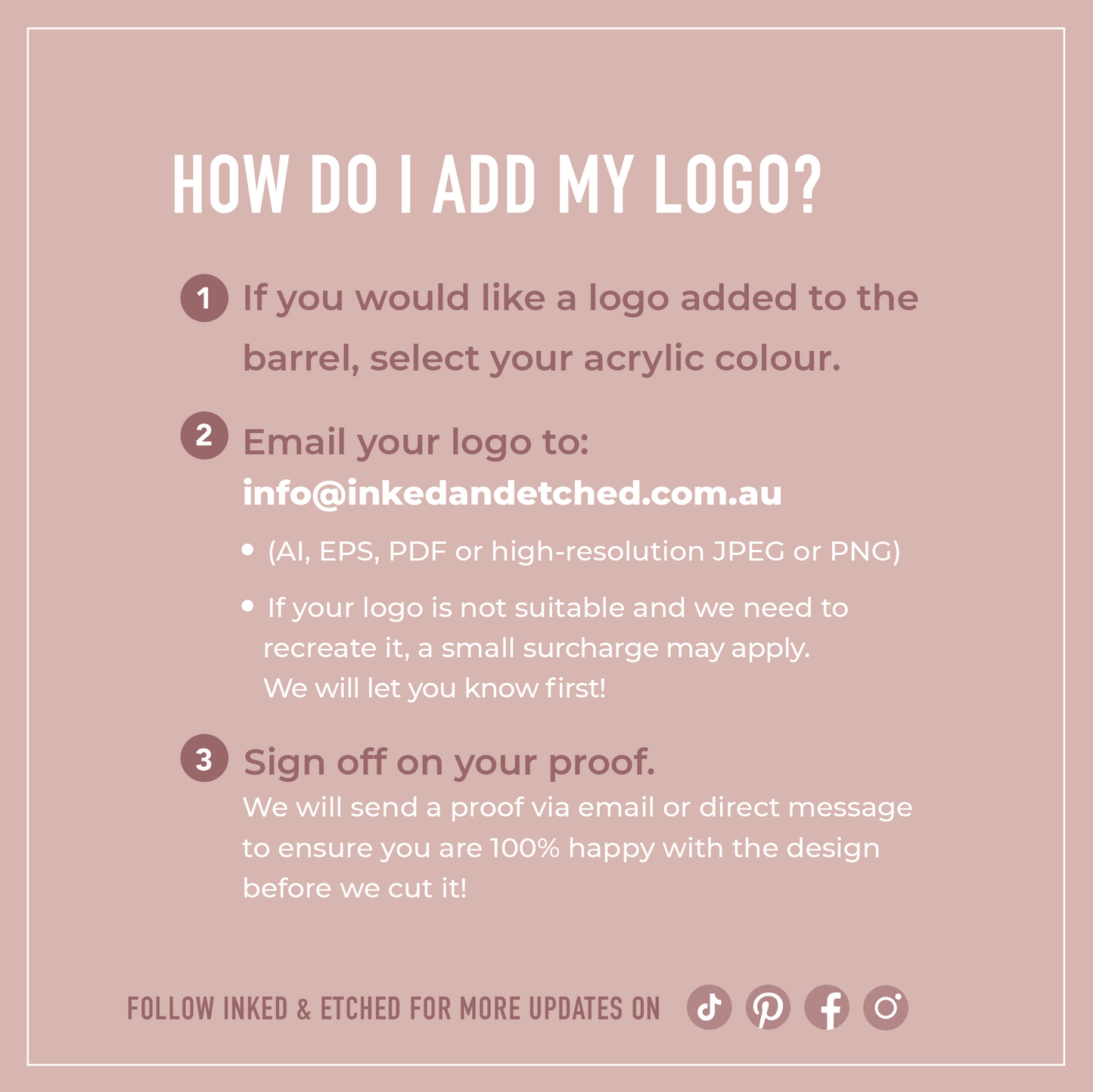 Instructions showing how to order a custom logo for a clear acrylic raffle drum, including logo file requirements, proof approval process and acrylic colour selection.