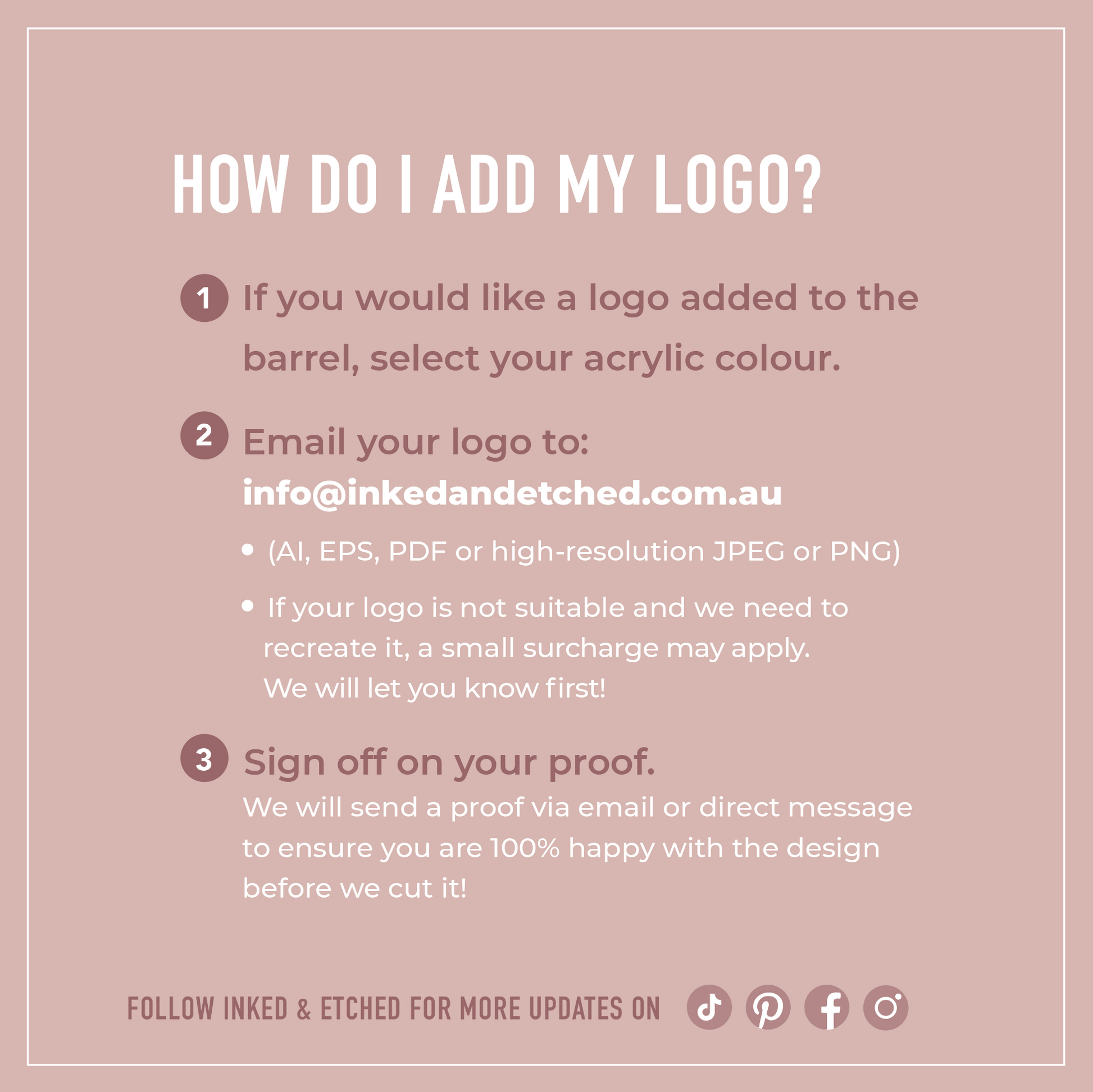 Instructions showing how to order a custom logo for a clear acrylic raffle drum, including logo file requirements, proof approval process and acrylic colour selection.