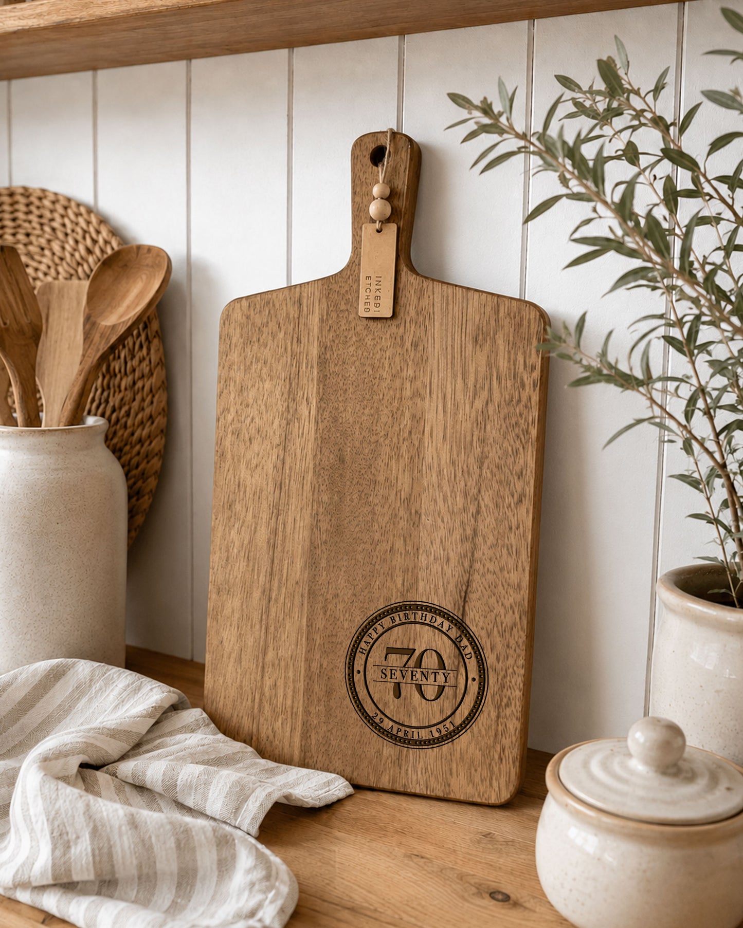Custom personalised cheeseboard for a birthday, engraved wooden serving board made from premium acacia timber with milestone birthday design.