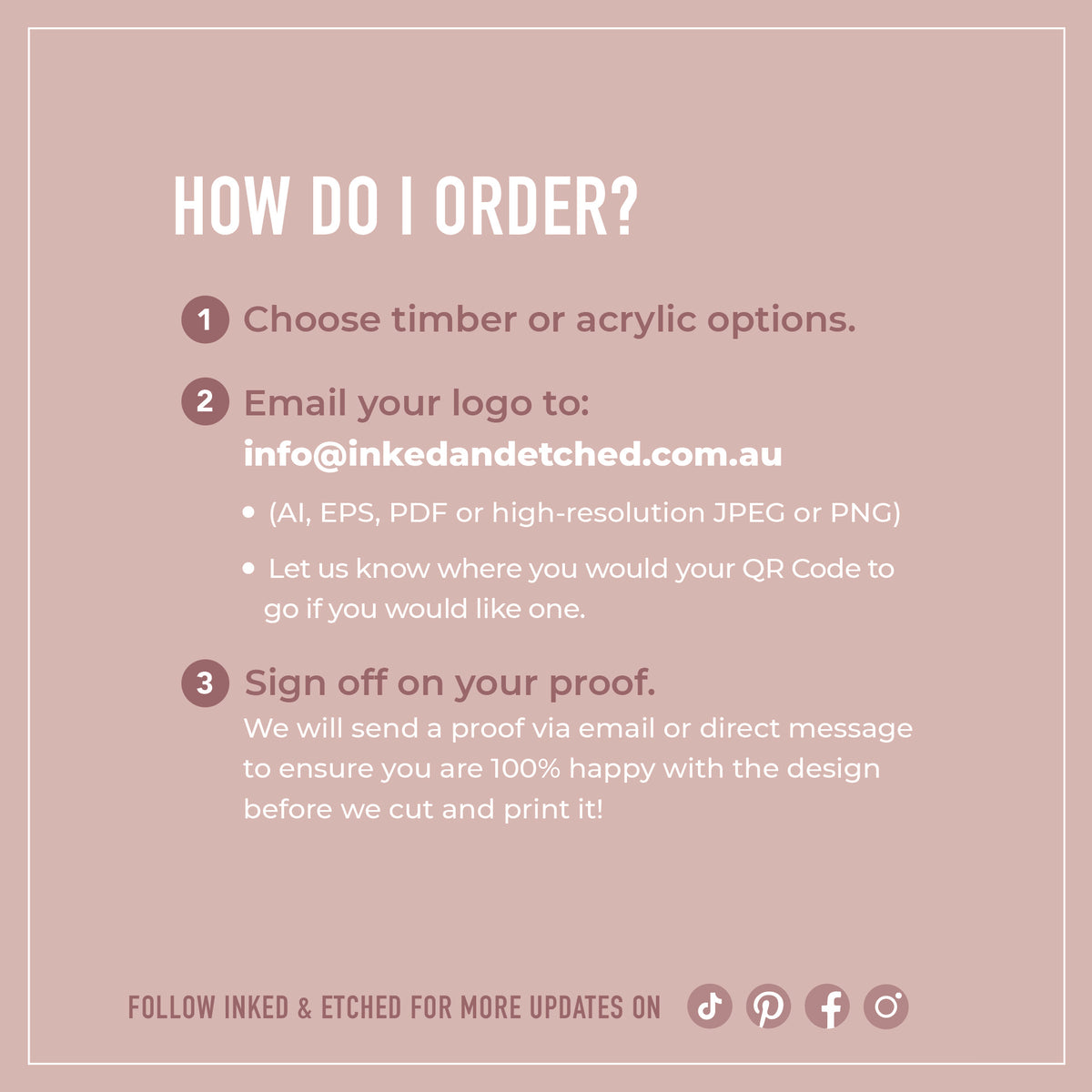 Ordering instructions for a personalised acrylic or timber business card stand.