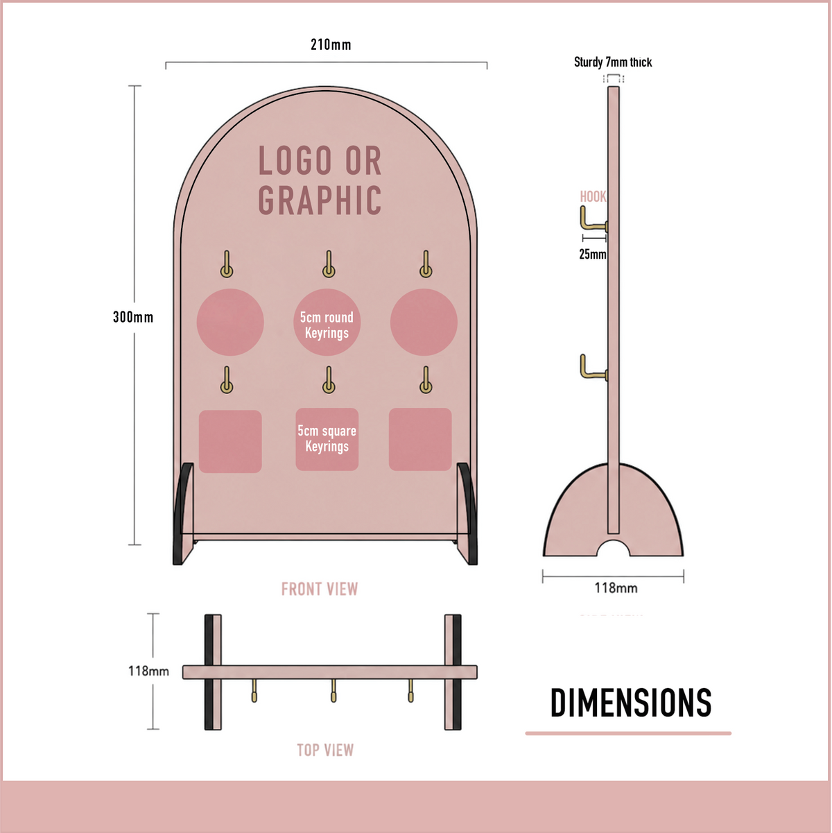 Dimensions of the custom keyring display stand measuring 210mm wide, 300mm high and 118mm deep.
