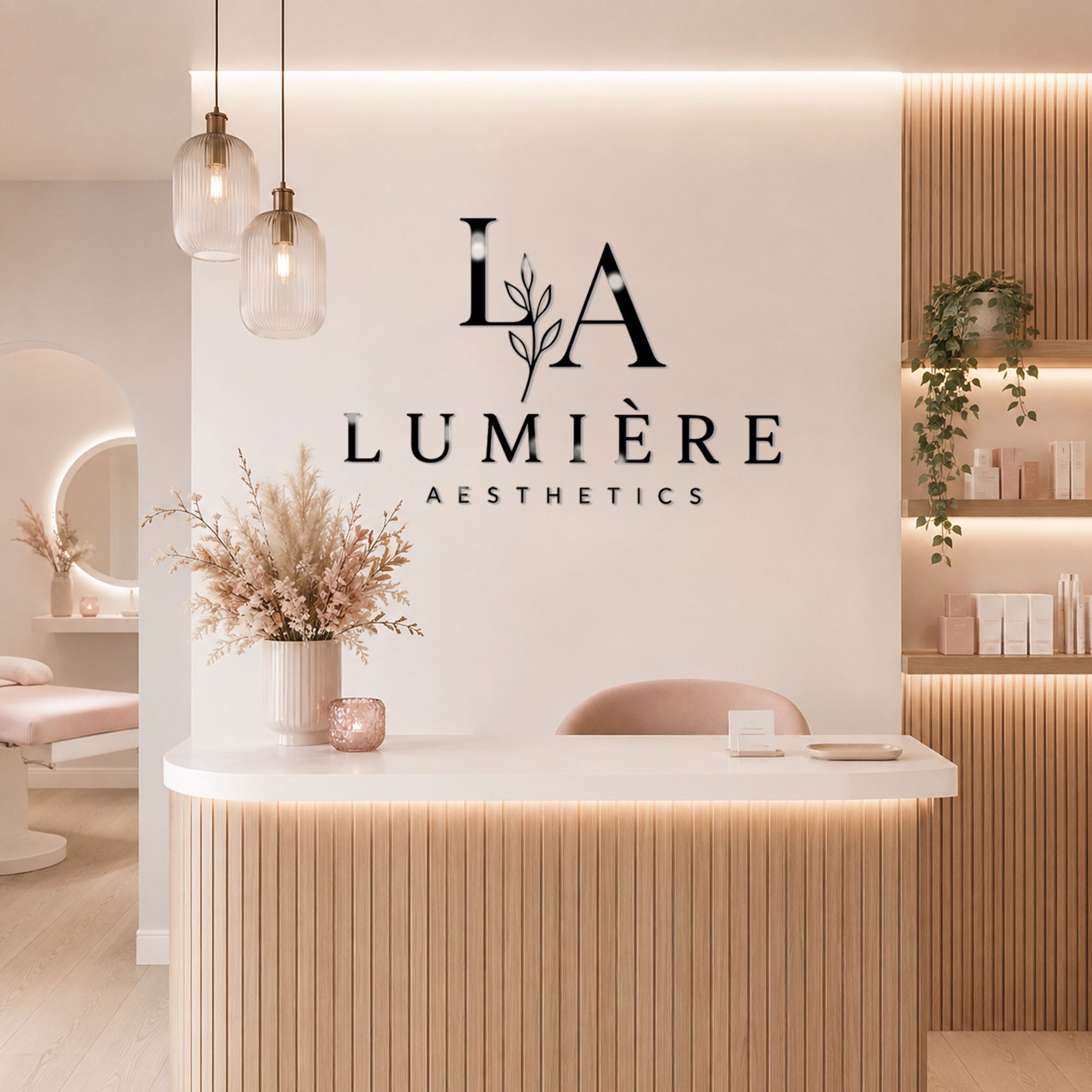 Custom acrylic logo wall sign for a beauty salon reception featuring premium business wall branding with 3D acrylic lettering.