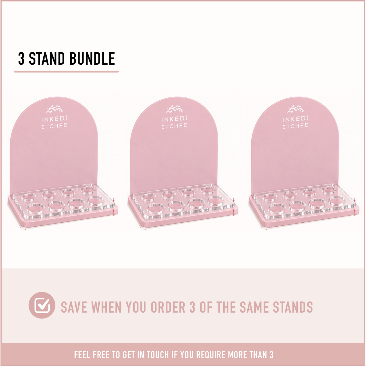 Three stand bundle for custom acrylic makeup display stands with eight product holders and branded arched back panels.
