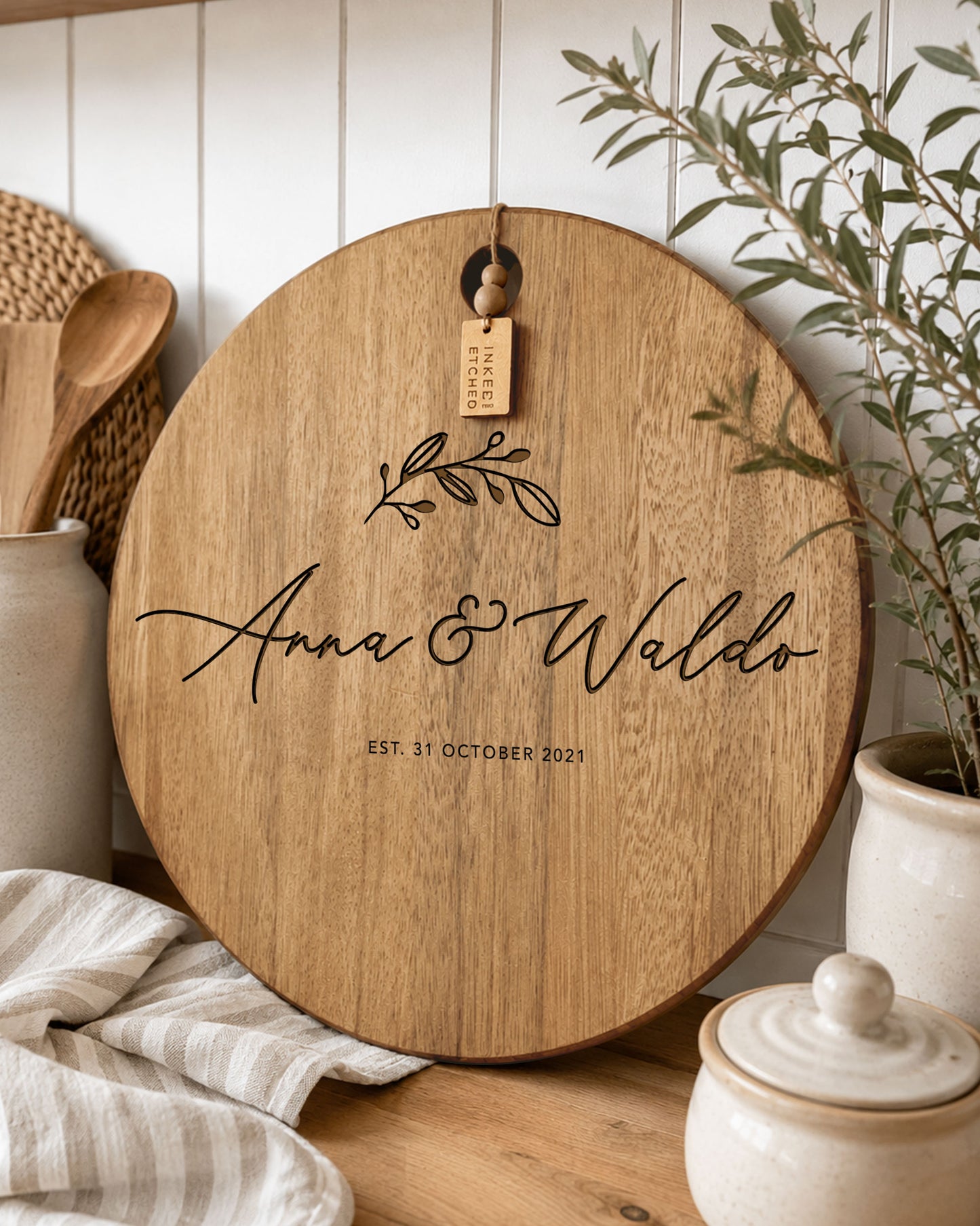 Personalised Wedding Cheeseboard - Botanical Design Round Engraved Serving Board | 40cm