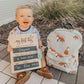 Smiling toddler beside a backpack holding a reusable wooden first day of daycare chalkboard sign.