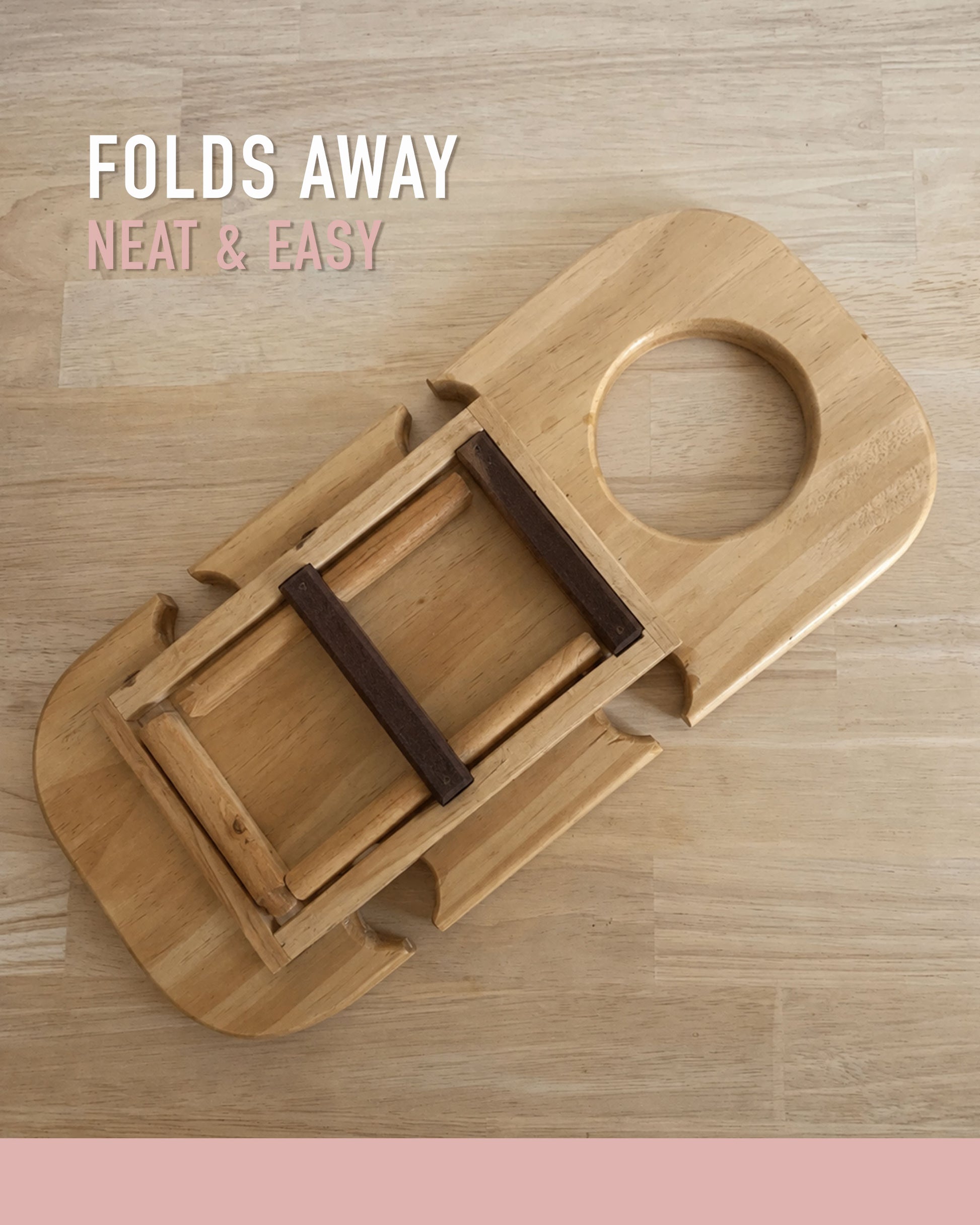 Foldable personalised wooden wine picnic table shown folded flat, demonstrating its compact design for easy transport and storage.
