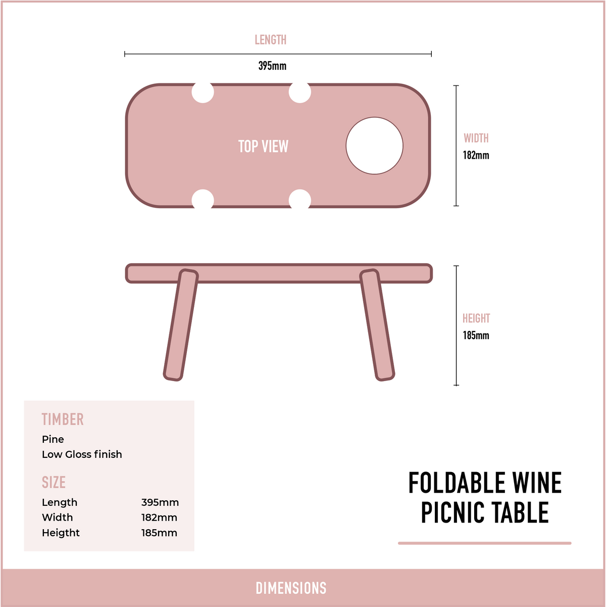 Foldable pine wine picnic table dimensions diagram showing a 395 mm length, 182 mm width and 185 mm height.