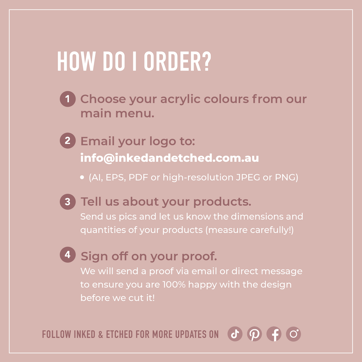 Ordering instructions for a custom acrylic makeup display stand, including colour, logo and product measurements.