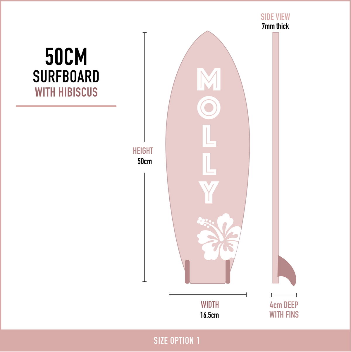 Dimensions of the large wooden surfboard wall decor with hibiscus measuring 50cm high, 16.5cm wide and 4cm deep including fins.