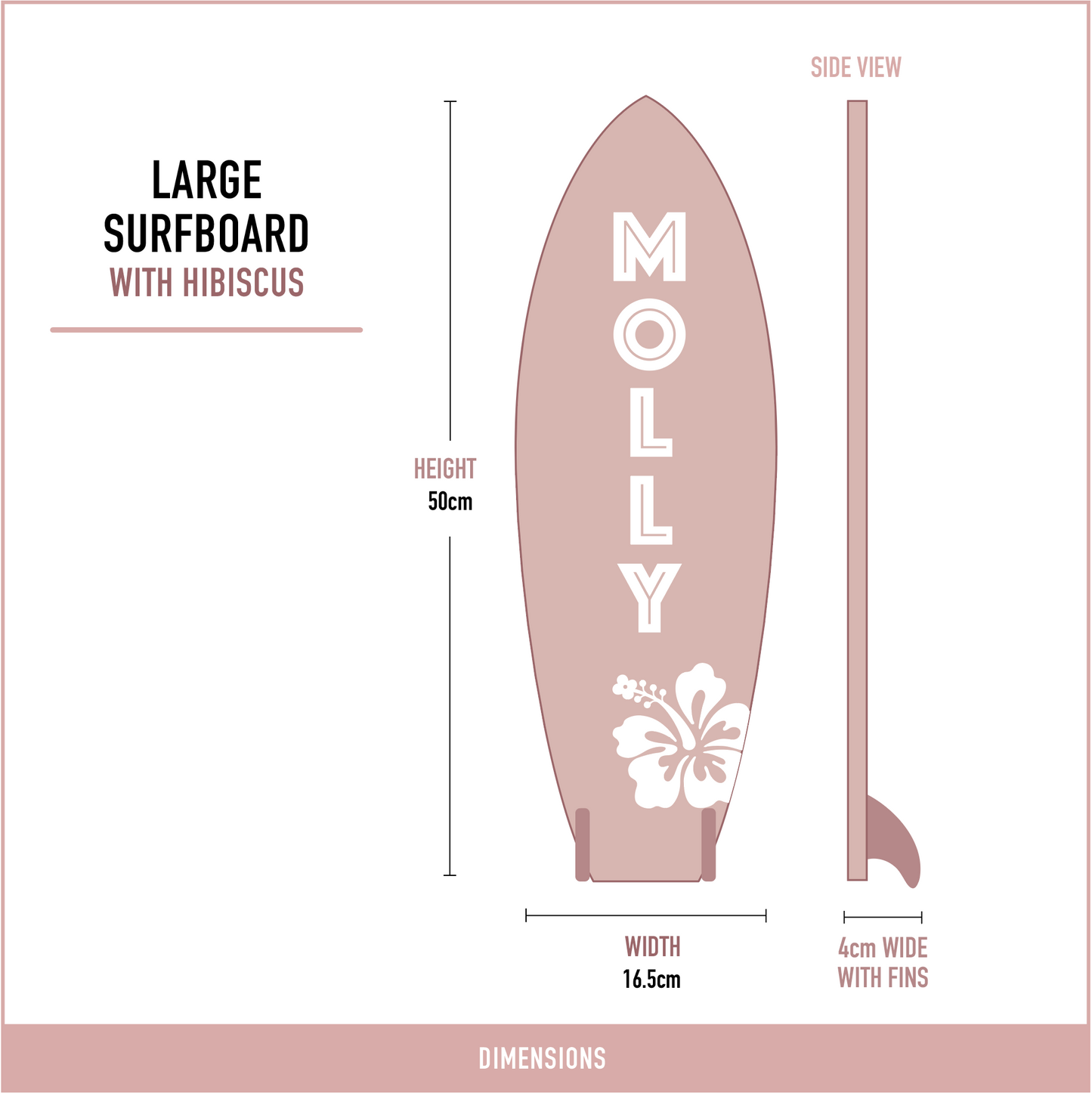 Dimensions of the large wooden surfboard wall decor measuring 50cm high, 16.5cm wide and 4cm deep including fins.