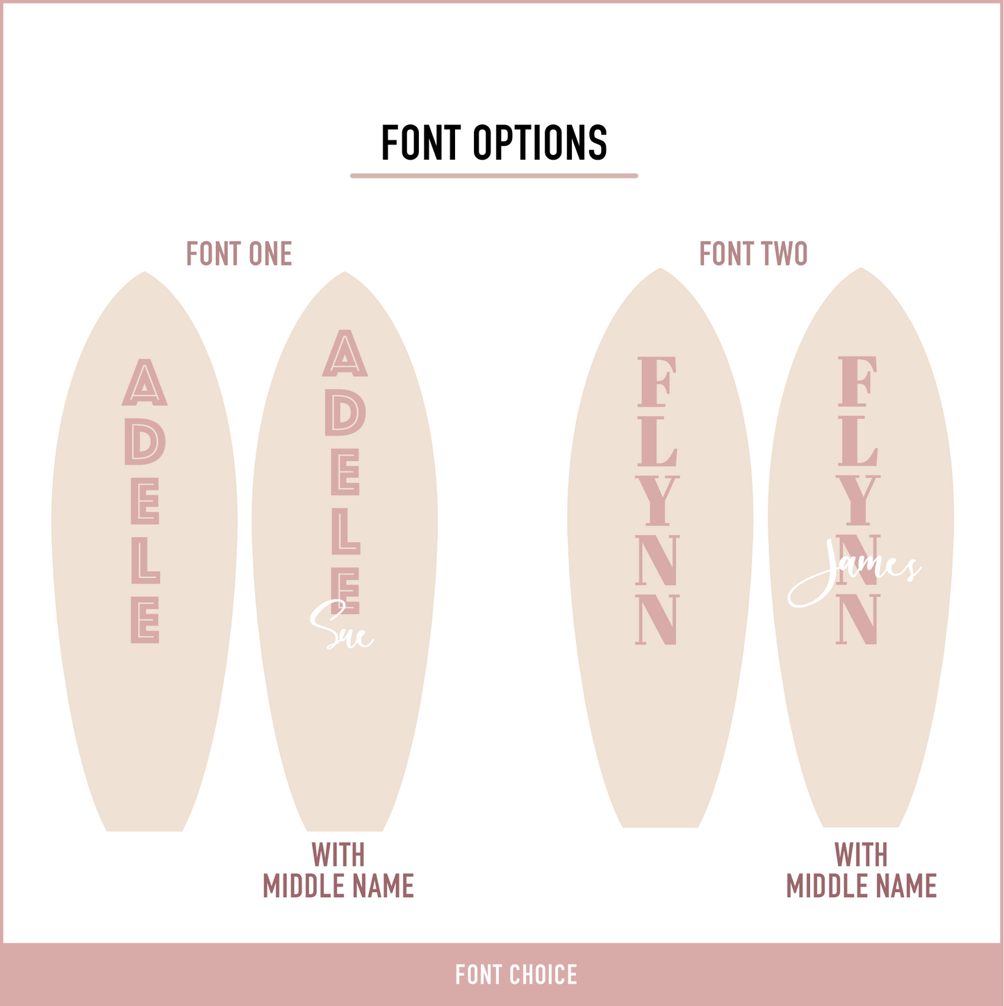 Font options for personalised wooden surfboard wall decor showing two font styles with the choice of first name or first and middle name.