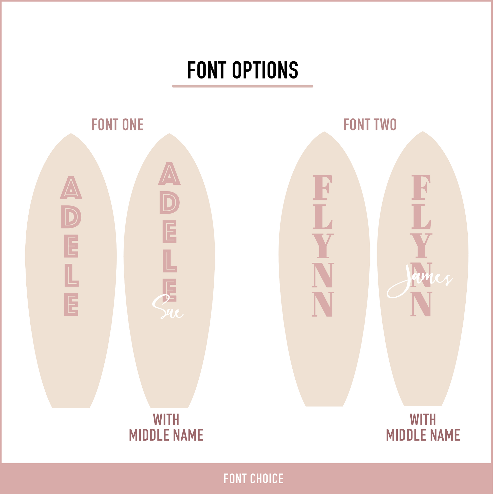 Font options for personalised wooden surfboard wall decor showing two font styles with the choice of first name or first and middle name.