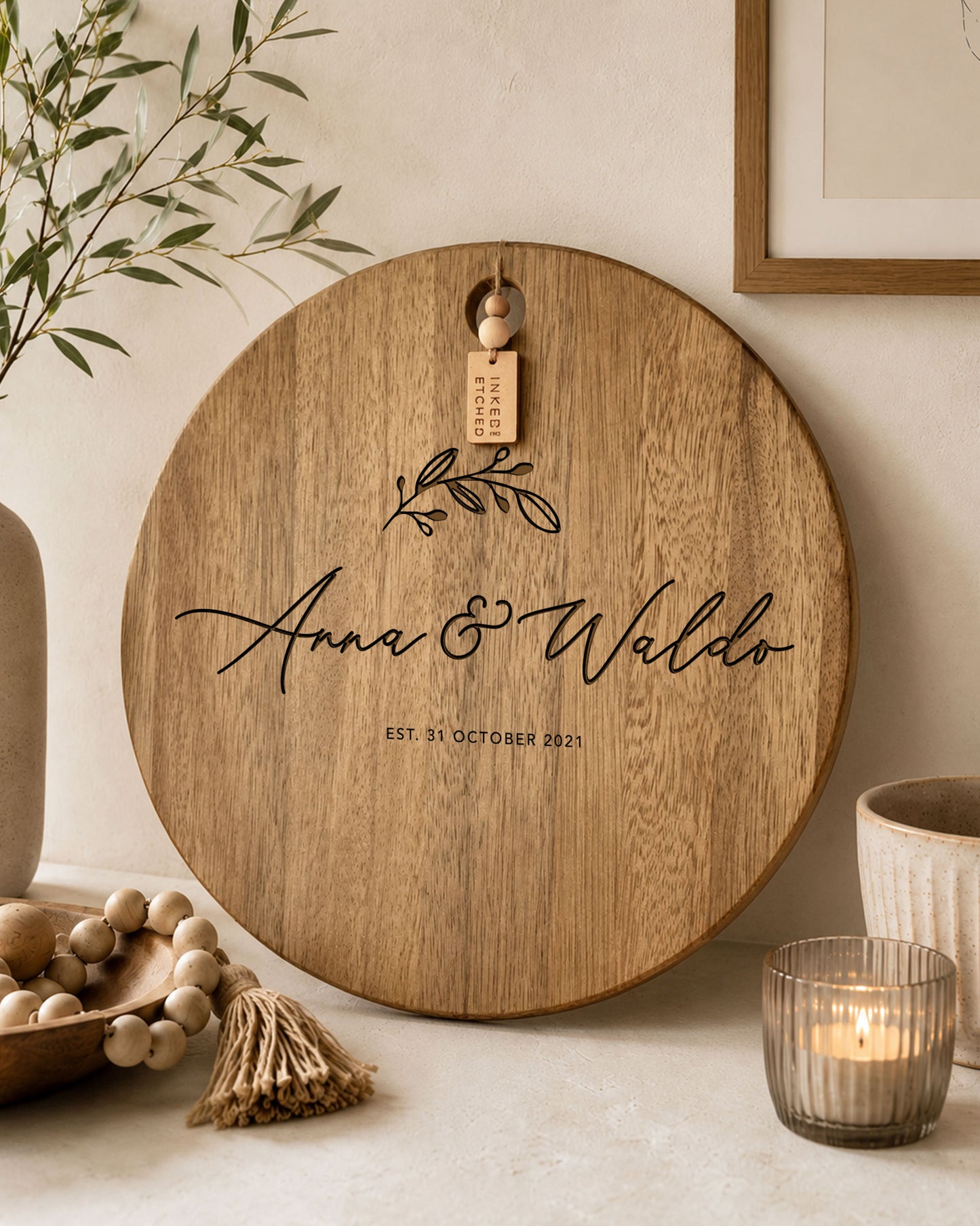 Personalised Wedding Cheeseboard - Botanical Design Round Engraved Serving Board | 40cm